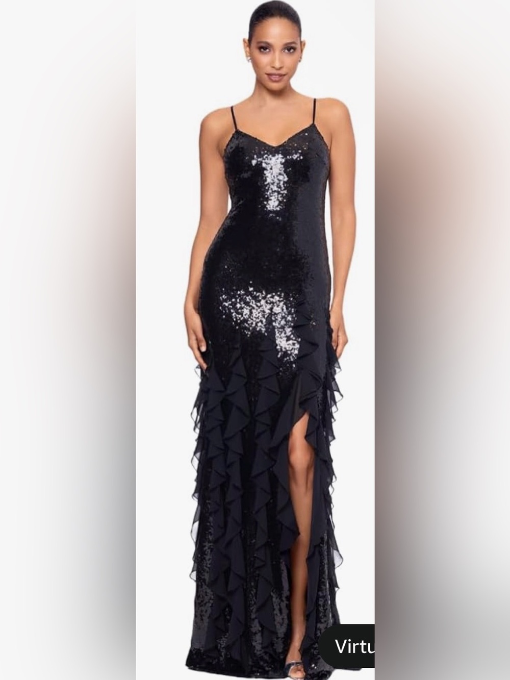 BETSY & ADAM SEQUIN Milan Floor Length Black CHIFFON RUFFLES DRESS. NWT. Size 8.